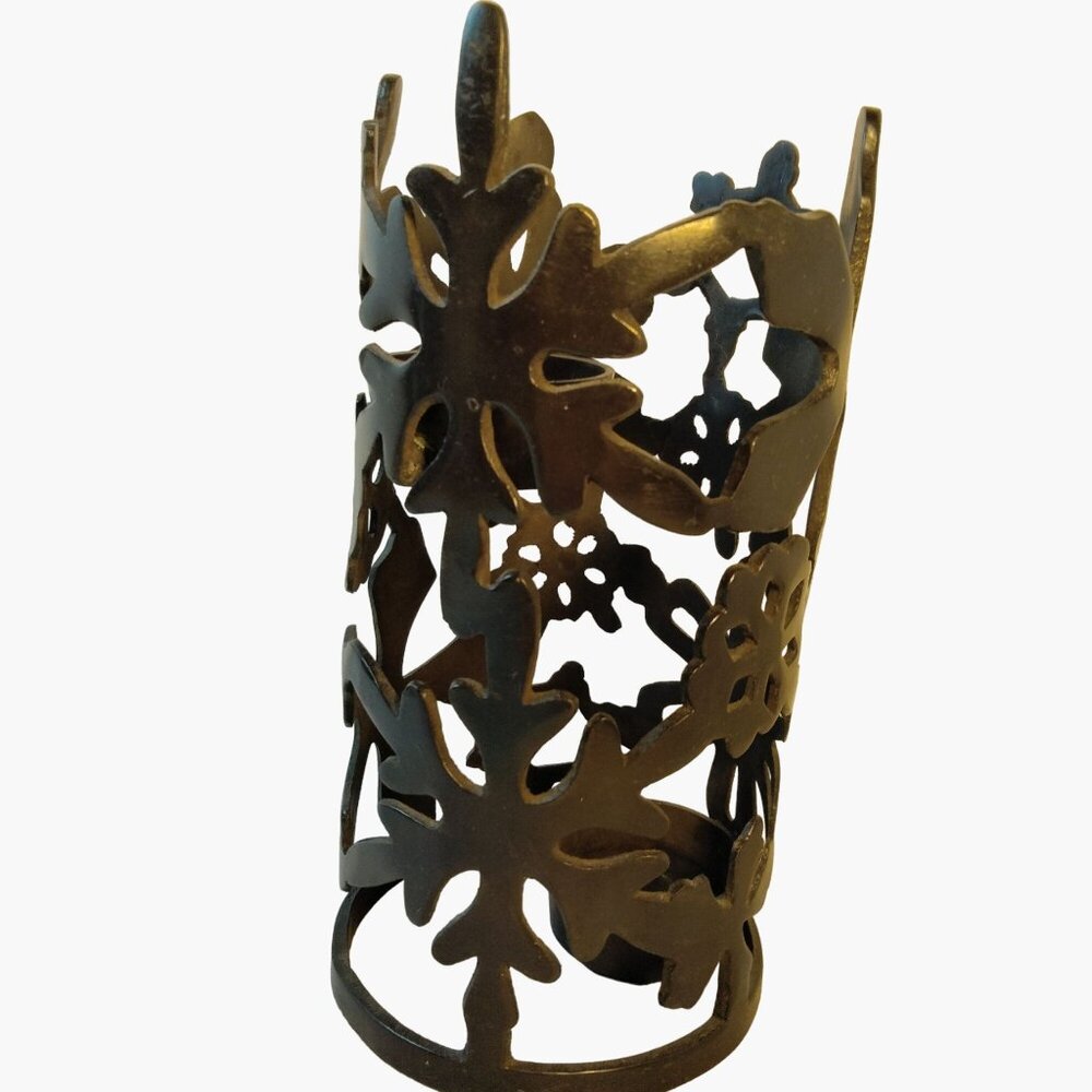 Black Snowflake Candle Holder Intricate Cut Out Metal Design Holds 2 candles